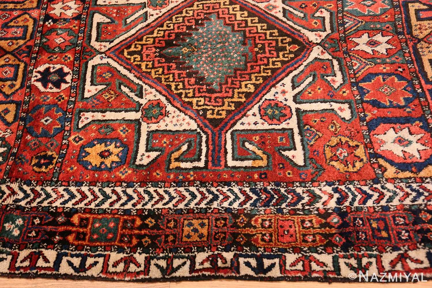 Border Colorful Eagle Kazak design Antique Tribal Persian Kurdish rug 47471 by Nazmiyal