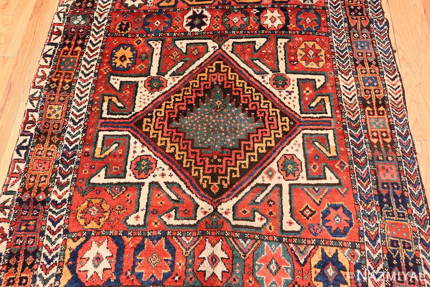 Close-up Colorful Eagle Kazak design Antique Tribal Persian Kurdish rug 47471 by Nazmiyal