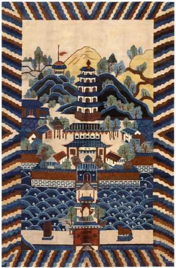 Chinese Deco Rug with Pagoda Scene 48431 Nazmiyal
