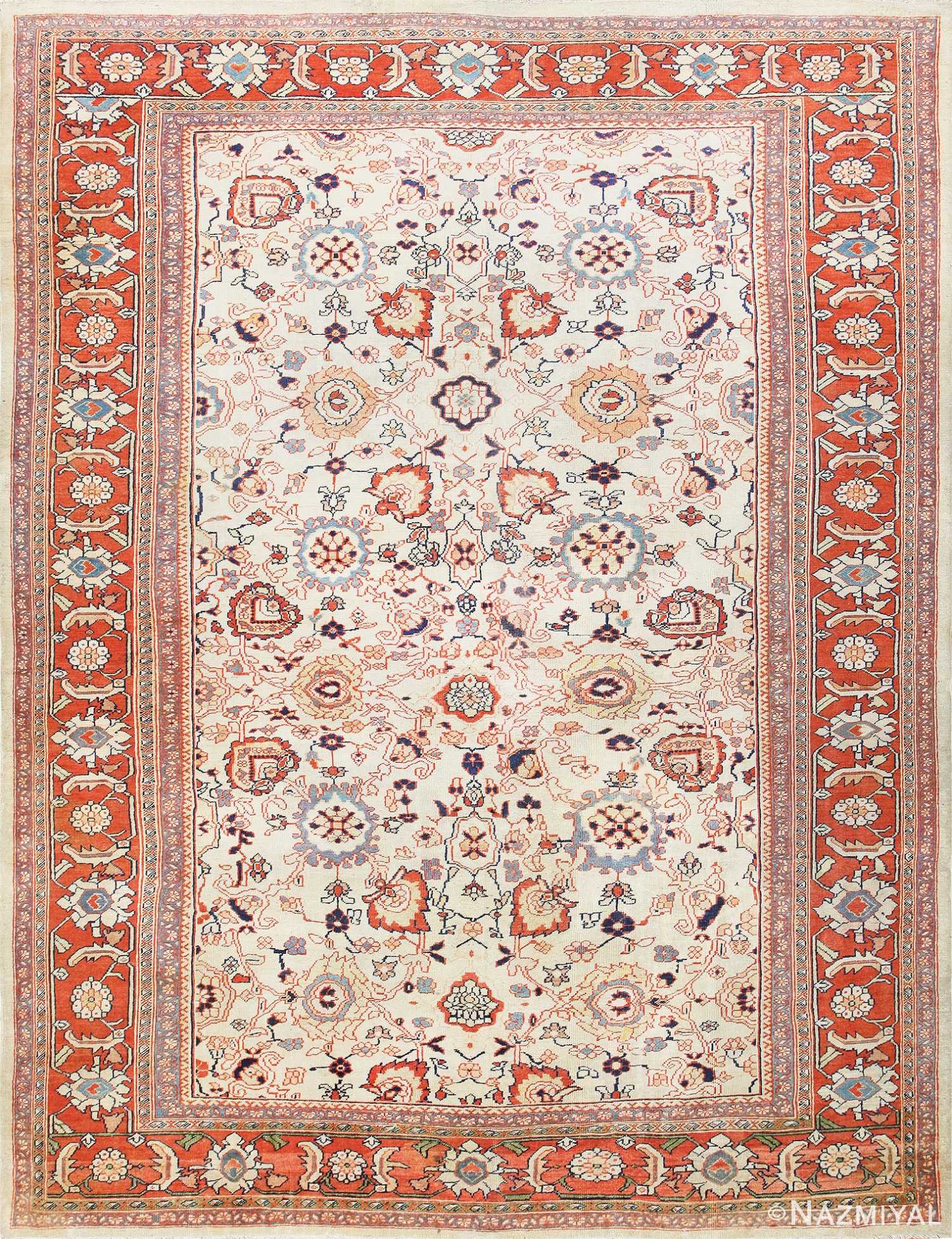 Ivory Background Room Size Persian Antique Sultanabad Rug 50676 Nazmiyal