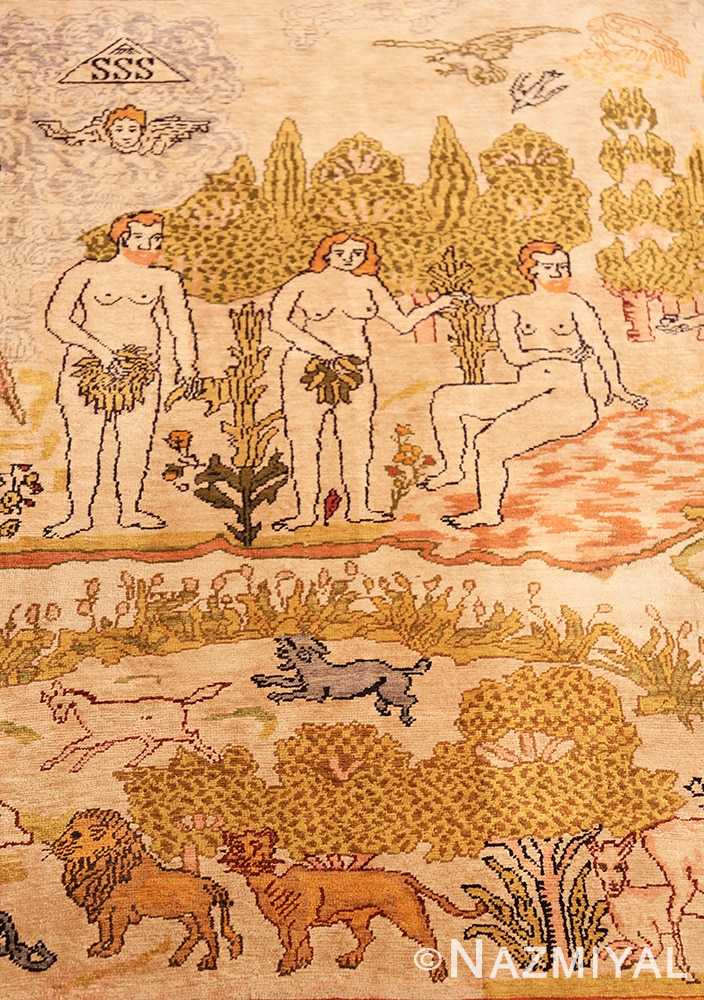 Close-up Fine Biblical Adam and eve scene Turkish pictorial Antique silk rug 48890 by Nazmiyal