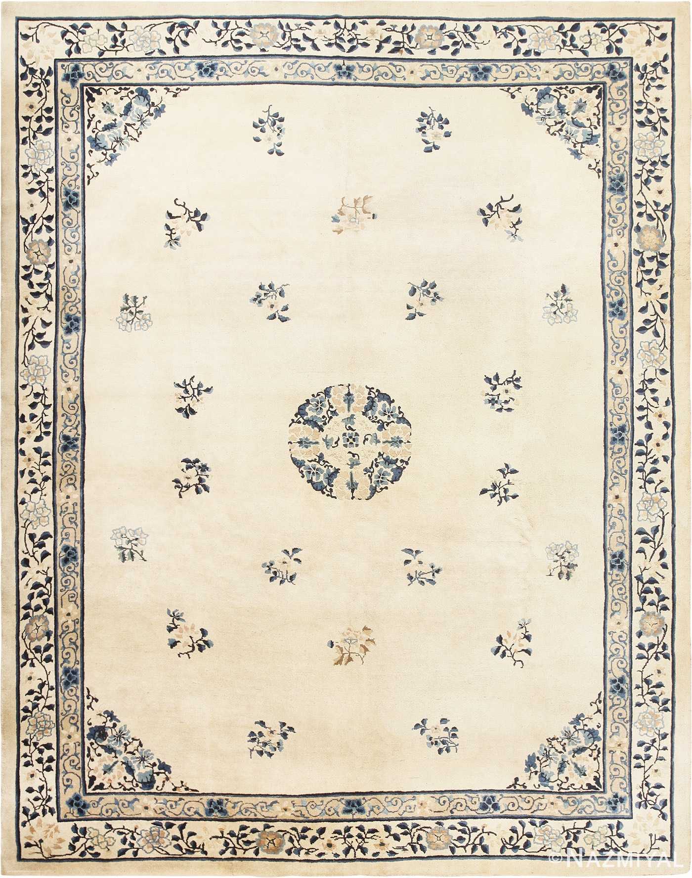 Antique Room Size Ivory and Blue Chinese Rug 49077 From Nazmiyal Antique Rugs in NYC