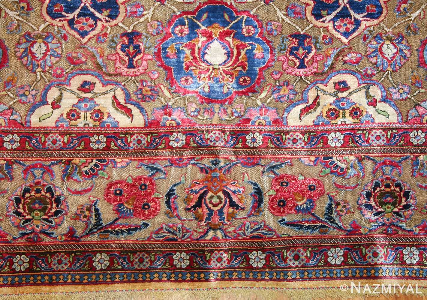 Fine Antique Silk and Metalic Thread Persian Souf Kashan Rug 49205 Border Design Nazmiyal