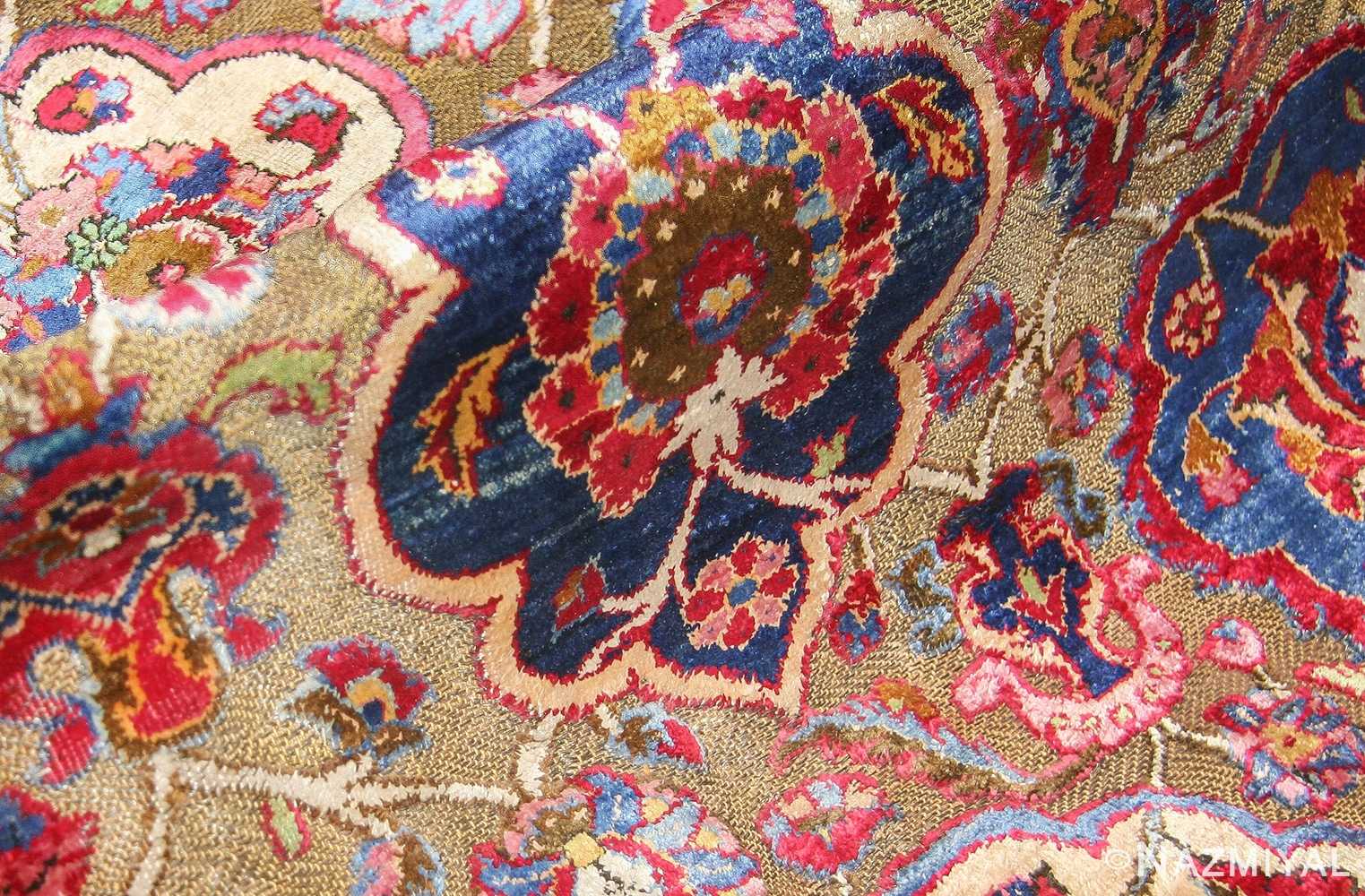 Fine Antique Silk and Metalic Thread Persian Souf Kashan Rug 49205 Pile Closeup Nazmiyal