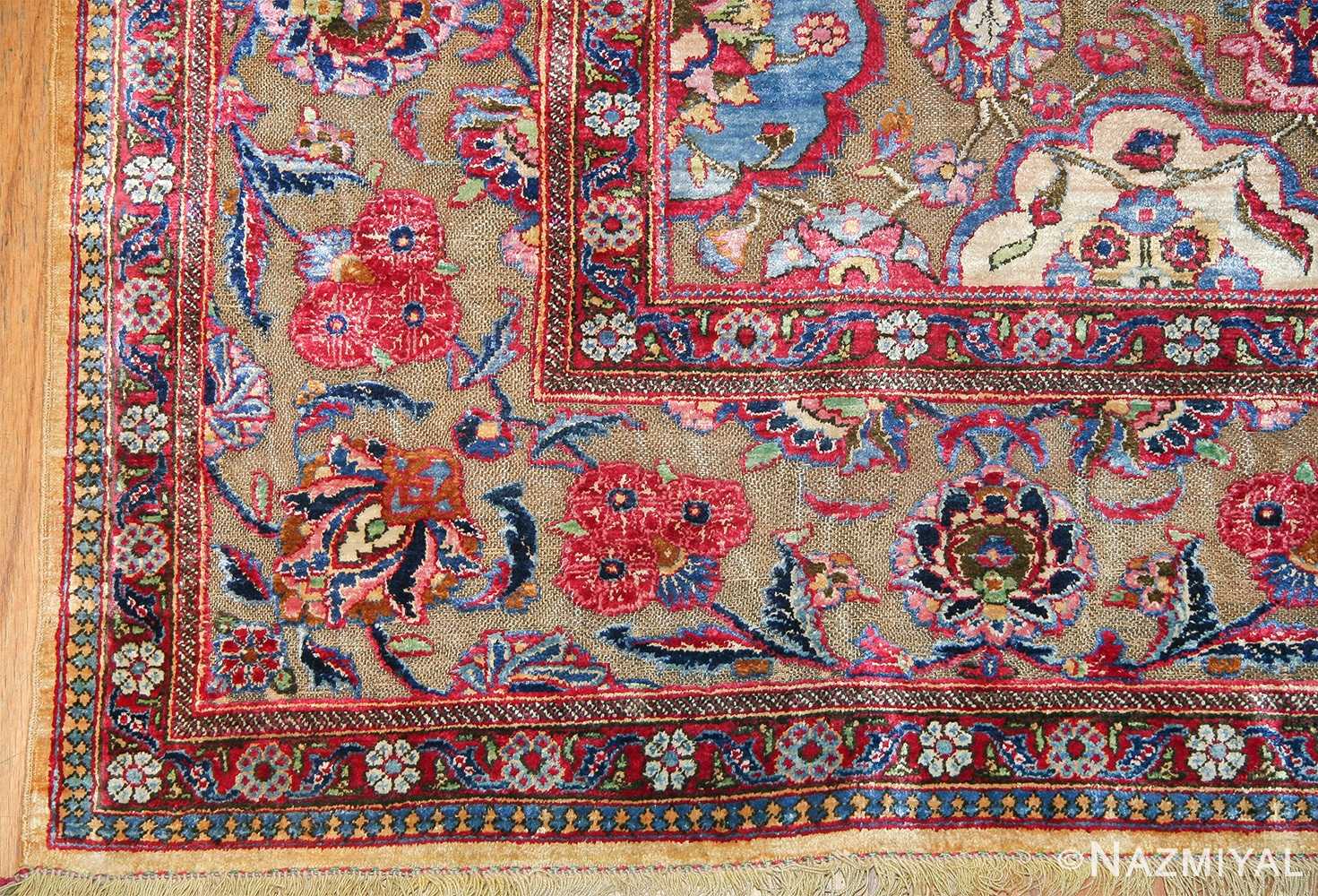 Fine Antique Silk and Metalic Thread Persian Souf Kashan Rug 49205 Side Corner Nazmiyal
