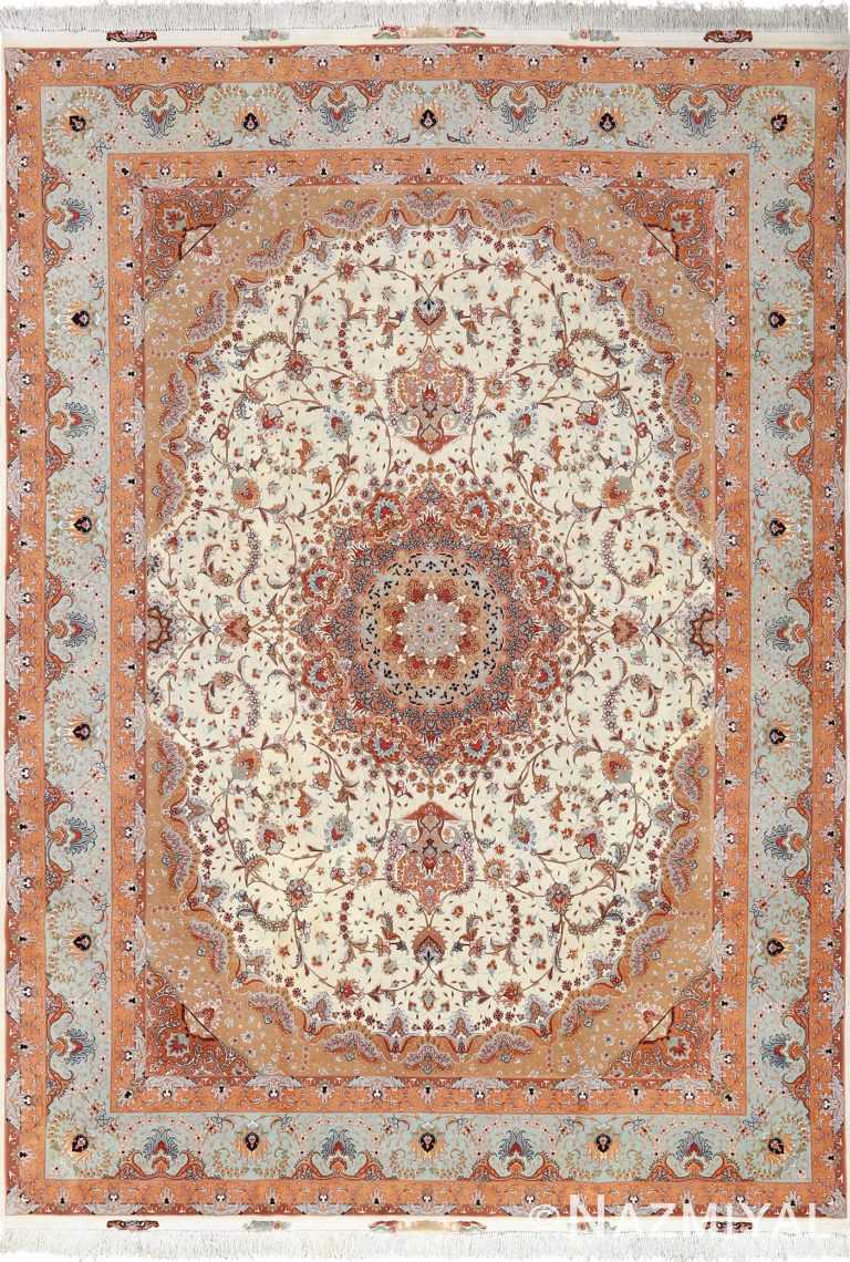 vintage ivory tabriz persian rug 51082 Nazmiyal
