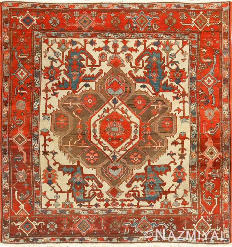 square small size antique serapi persian rug 49355 Nazmiyal