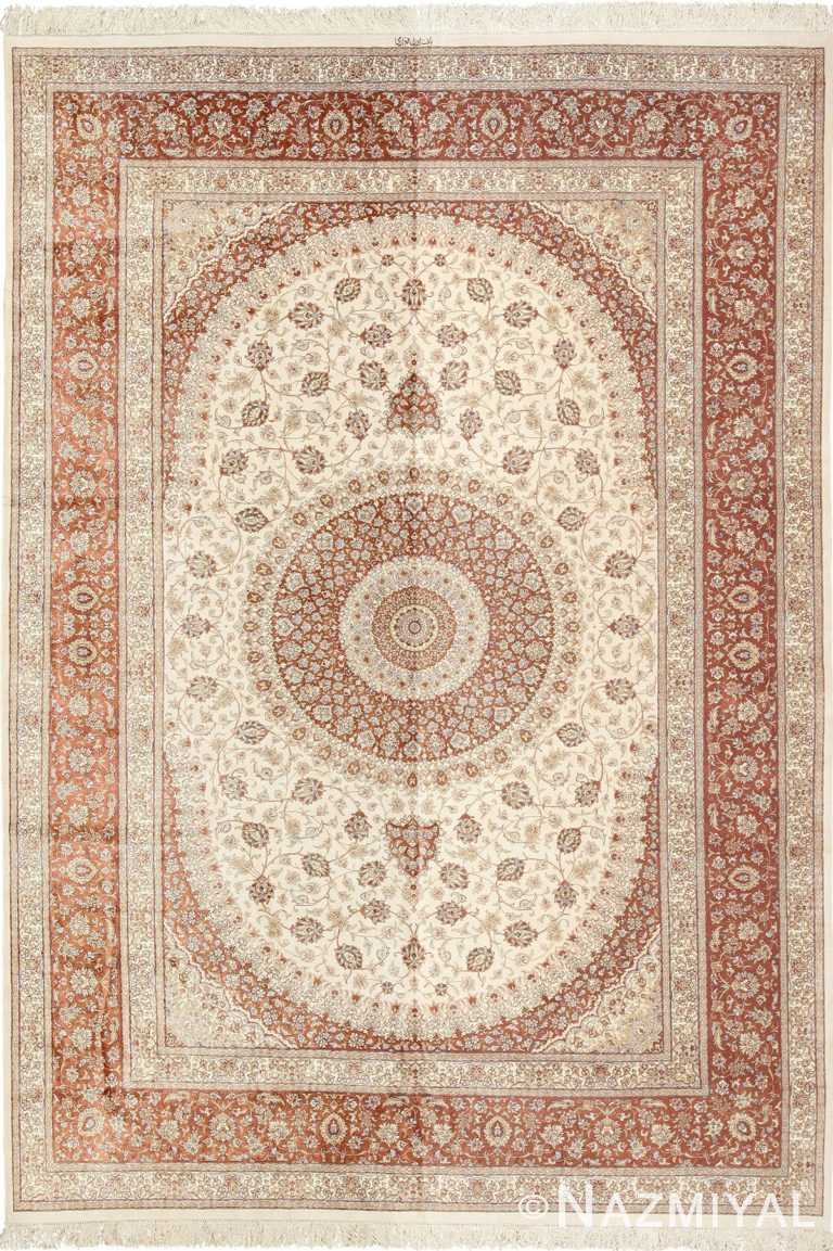modern ivory silk qum persian rug 49401 Nazmiyal