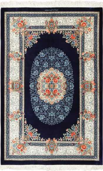 navy floral silk modern qum persian rug 49415 Nazmiyal