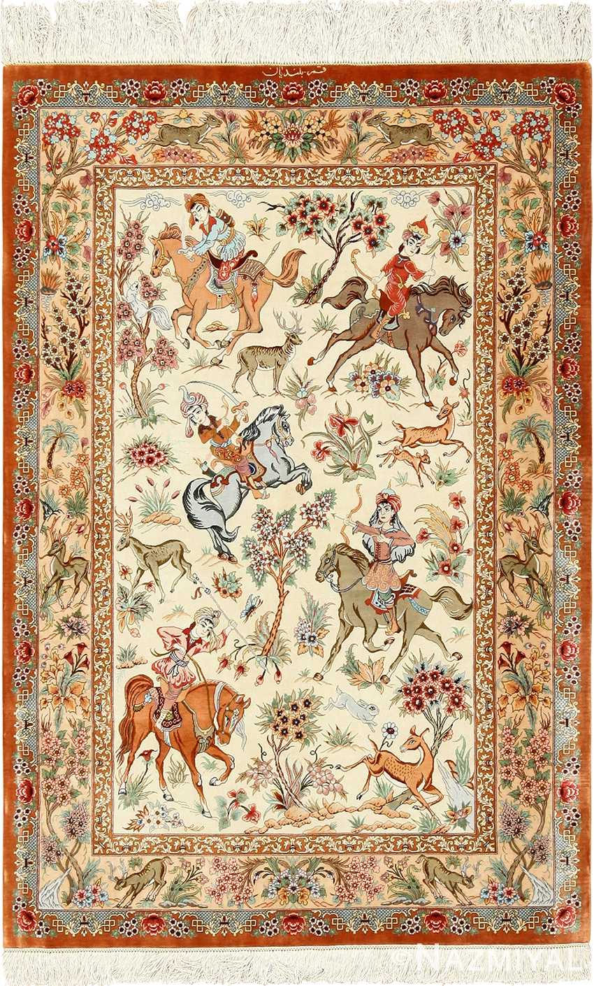 Silk Persian Hunting Scene Qum Rug