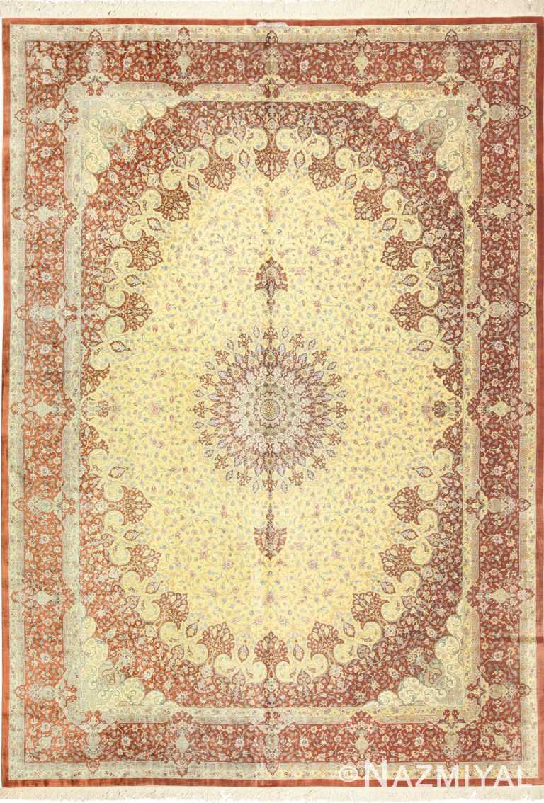 modern yellow background silk qum persian rug 49398 Nazmiyal