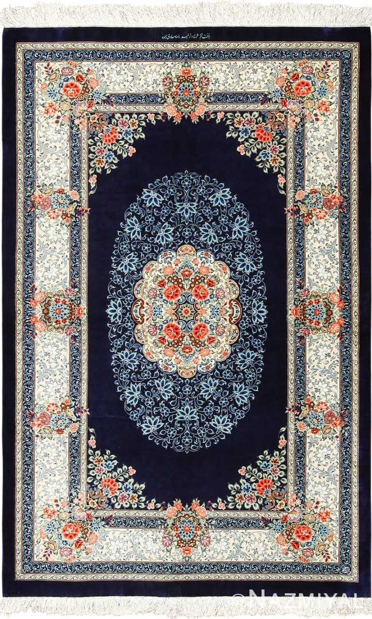 navy floral silk modern qum persian rug 49415 Nazmiyal