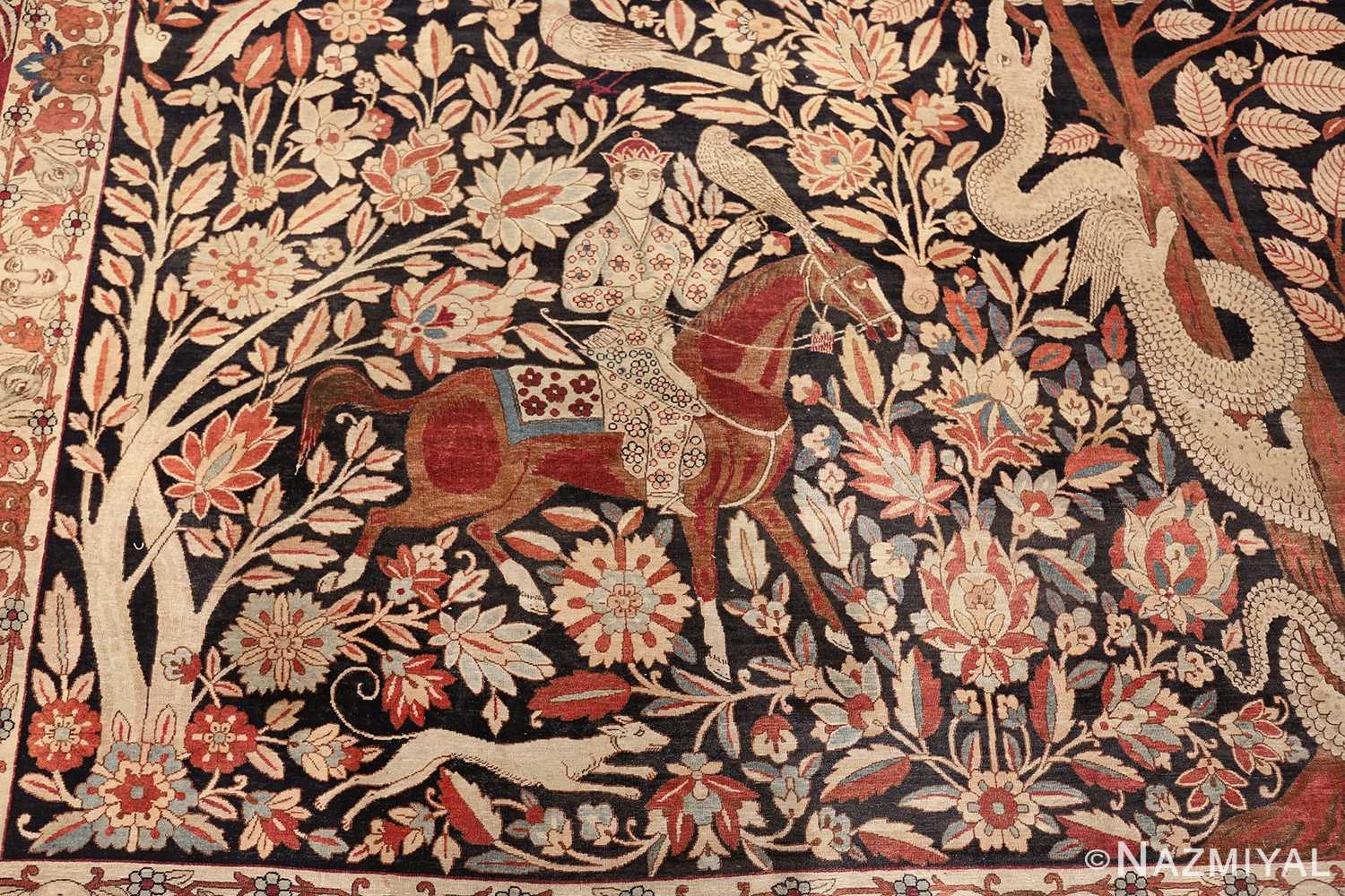 oversized antique hunting scene kerman persian rug 48796 brown horse Nazmiyal