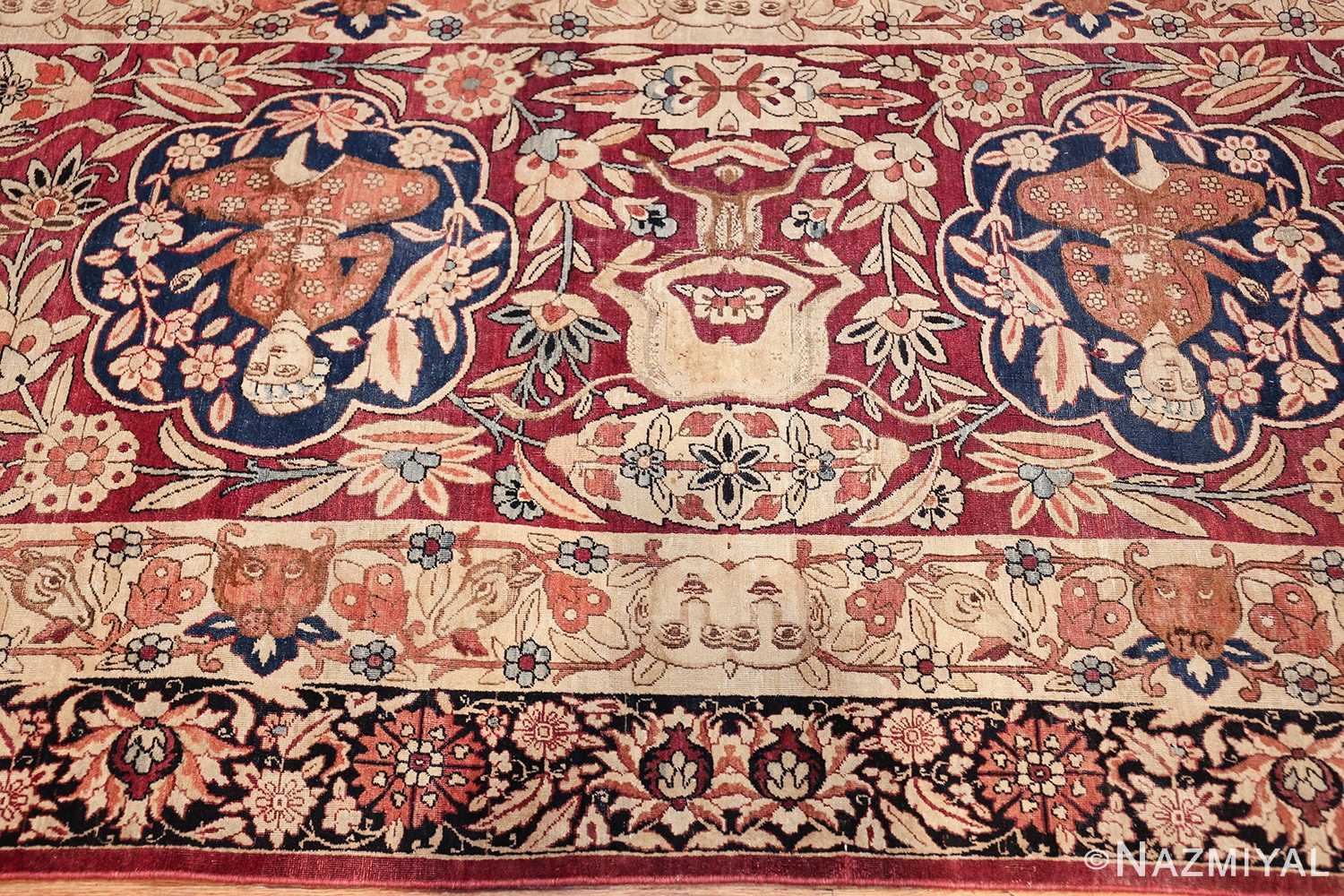 oversized antique hunting scene kerman persian rug 48796 closeup Nazmiyal