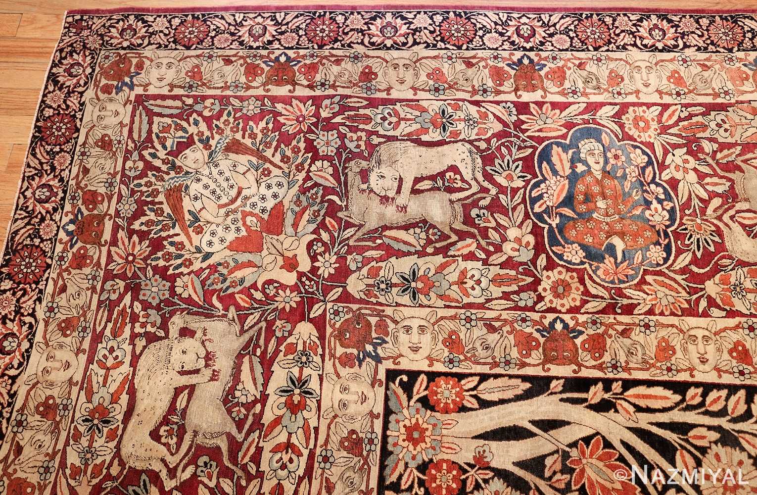 oversized antique hunting scene kerman persian rug 48796 corner Nazmiyal