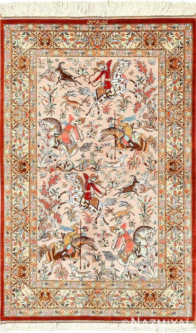 silk hunting scene modern qum persian rug 49411 Nazmiyal