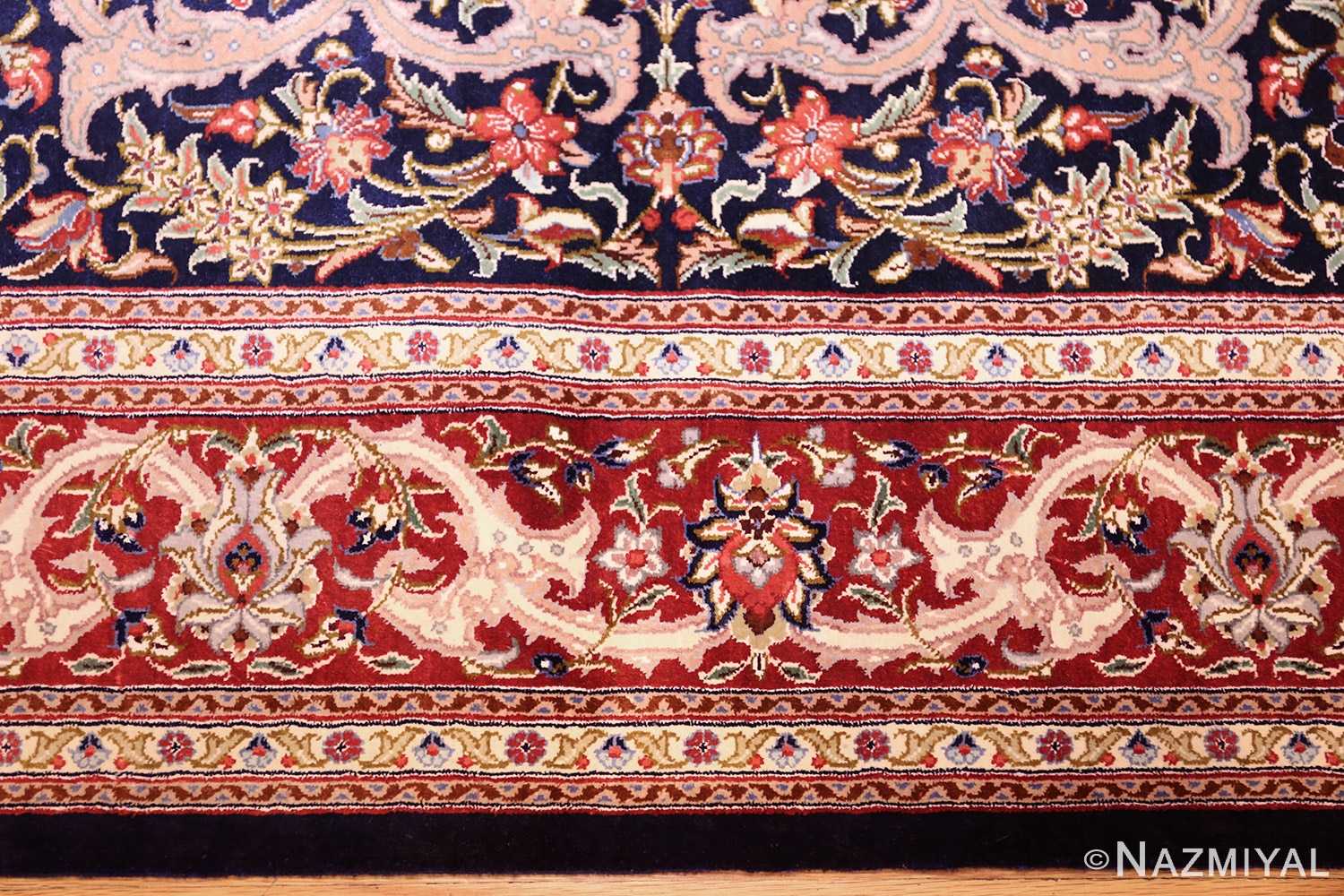small scatter size navy modern silk persian qum rug 49414 border Nazmiyal