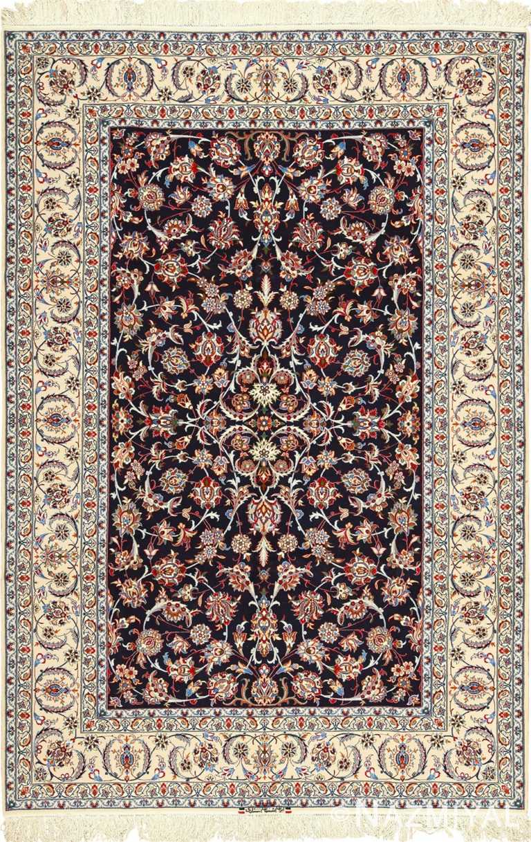 navy background silk and wool isfahan persian rug 49534 Nazmiyal