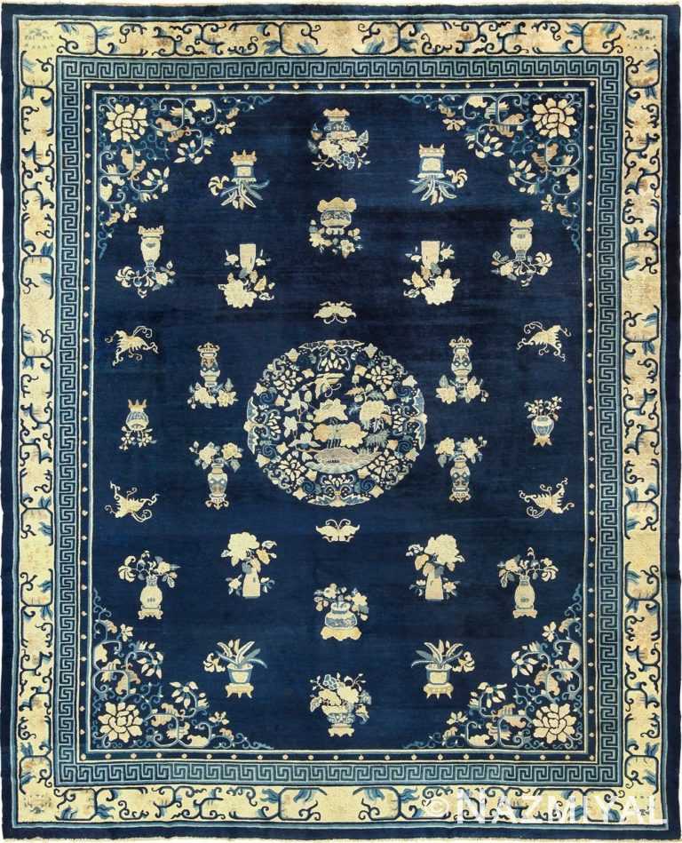 Room Size Chinese Blue and White Antique Peking Rug by Nazmiyal