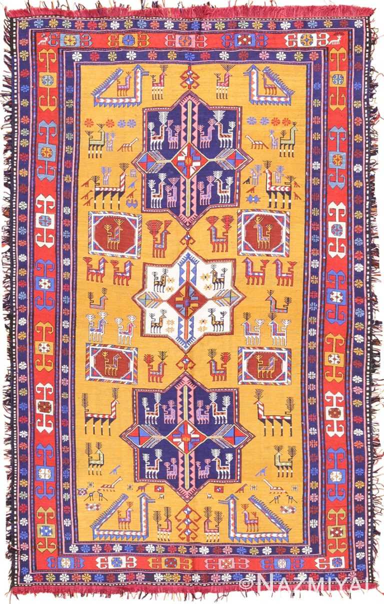 Rare Gold Background Vintage Tribal Silk Caucasian Soumak 49607 by Nazmiyal