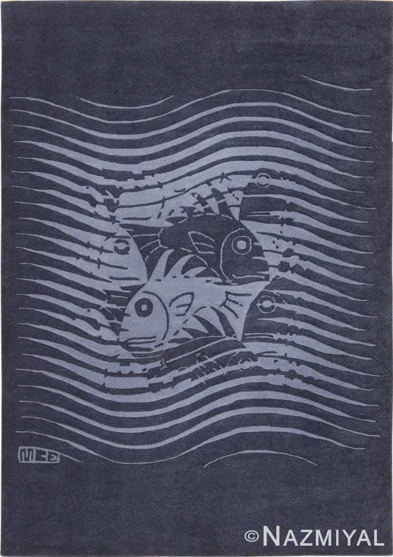 Blue Artistic Vintage Scandinavian Maurits Escher Fish Rug 49663 by Nazmiyal