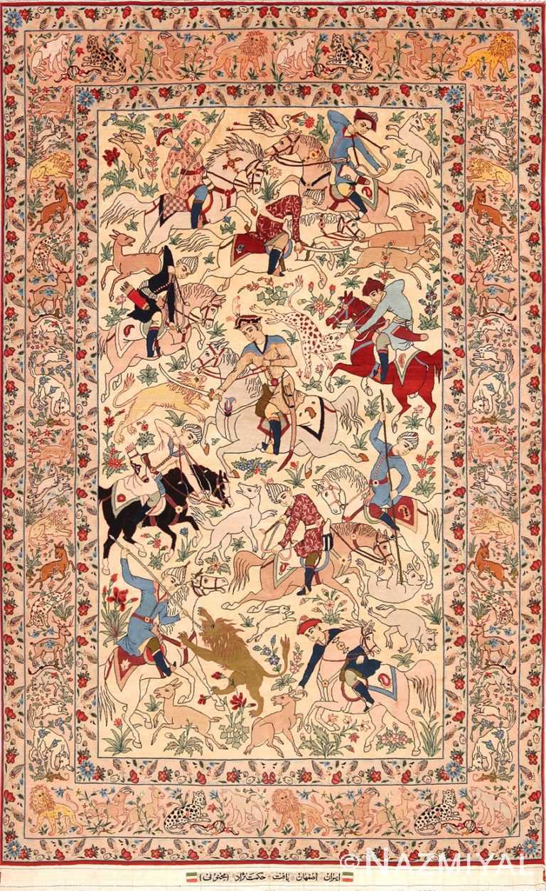 Fine Signed Vintage Persian Esfahan Rug With Hunting Scene 70017 by Nazmiyal