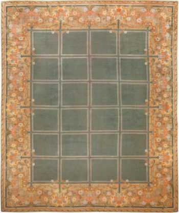 Picture of a Breathtaking Floral and Grid Design Large Size Green Background Color Antique Spanish Savonnerie Carpet #49845 from Nazmiyal Antique Rugs in NYC