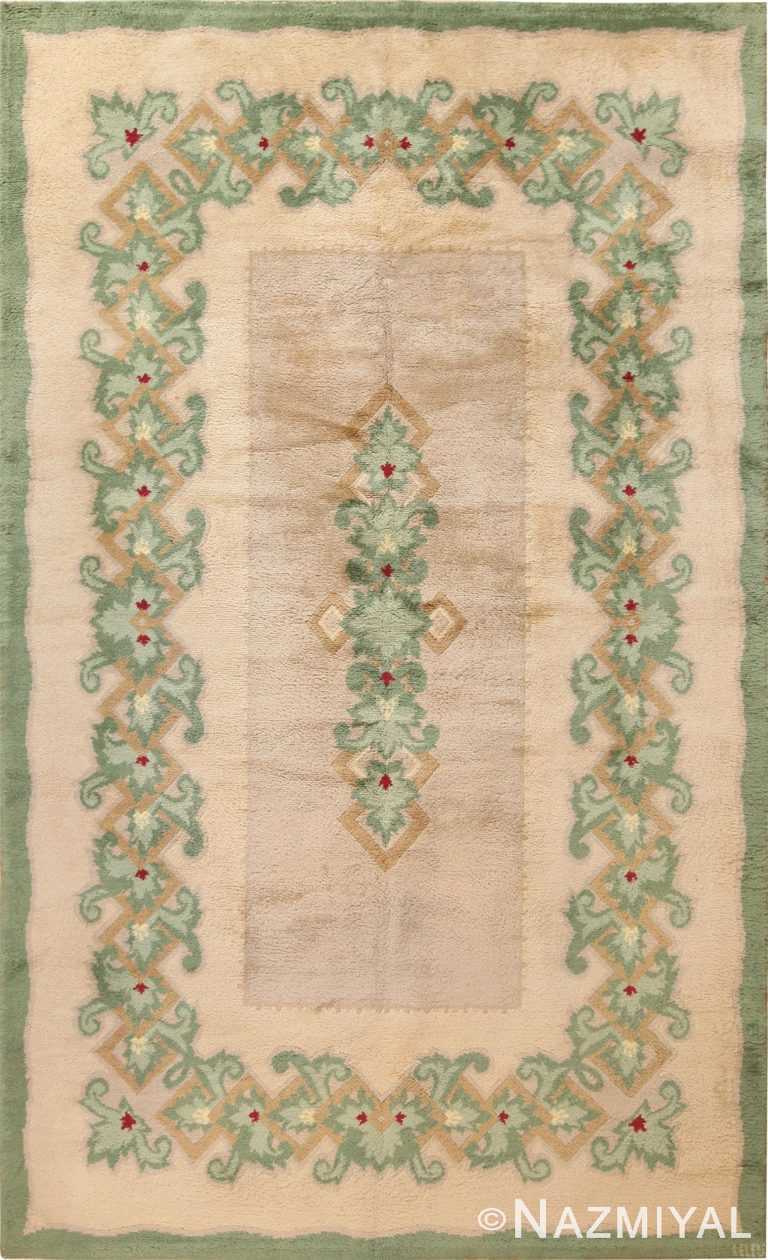Full view Antique Green French Art Deco rug 70152 designed by Leleu from the Nazmiyal collection in NYC.
