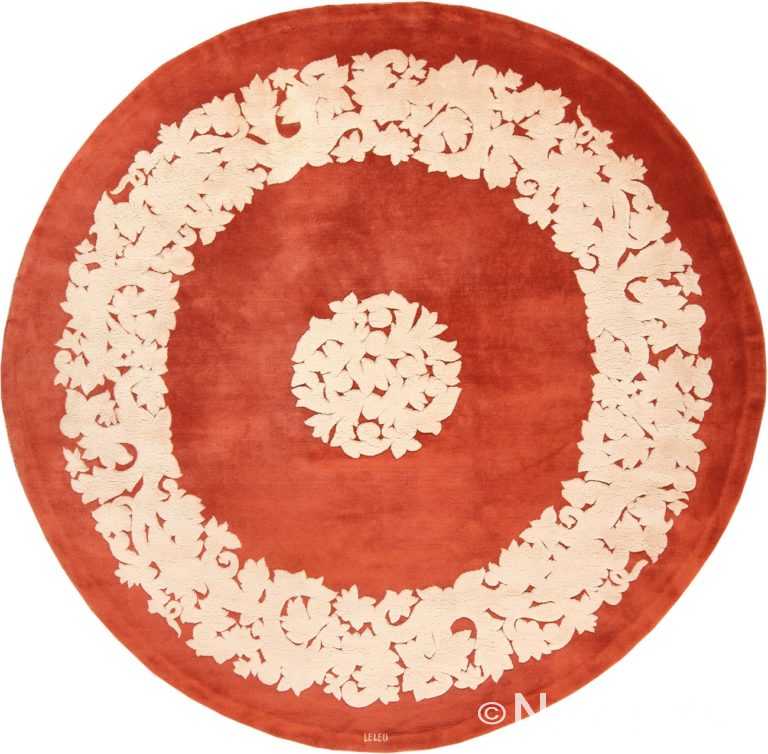 Full view Antique round French Art Deco rug 70144 designed by Leleu from the Nazmiyal collection in NYC