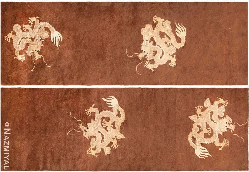 A Pair Of Brown Antique Dragon Chinese Runners Nazmiyal
