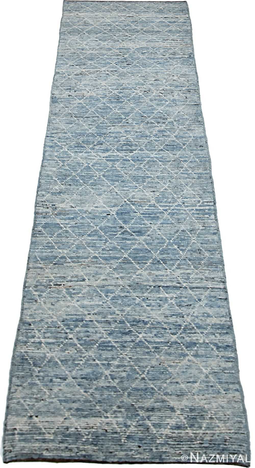 Whole View Of Light Blue Modern Moroccan Style Afghan Runner Rug 60146 by Nazmiyal NYC