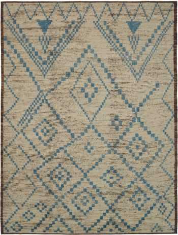 Cream and Blue Modern Moroccan Style Rug 60343 by Nazmiyal NYC