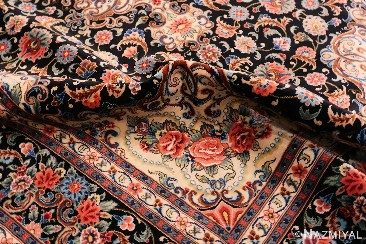 Pile Of Floral Vintage Persian Silk Qum Medallion Rug 70786 by Nazmiyal NYC