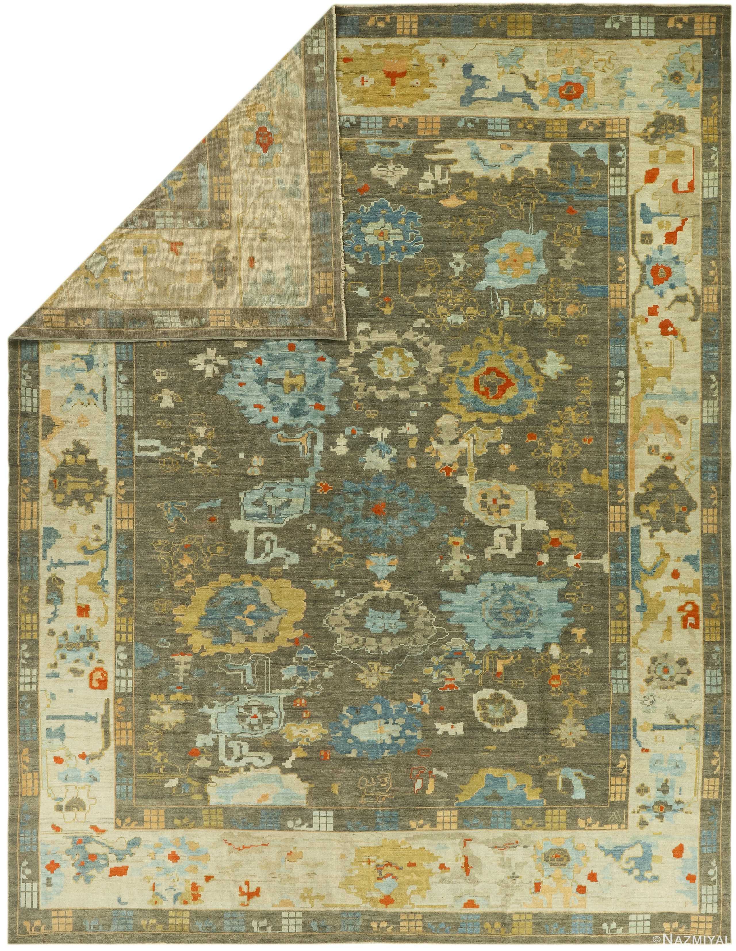Top View Of Floral Green Modern Turkish Oushak Rug 60505 by Nazmiyal NYC