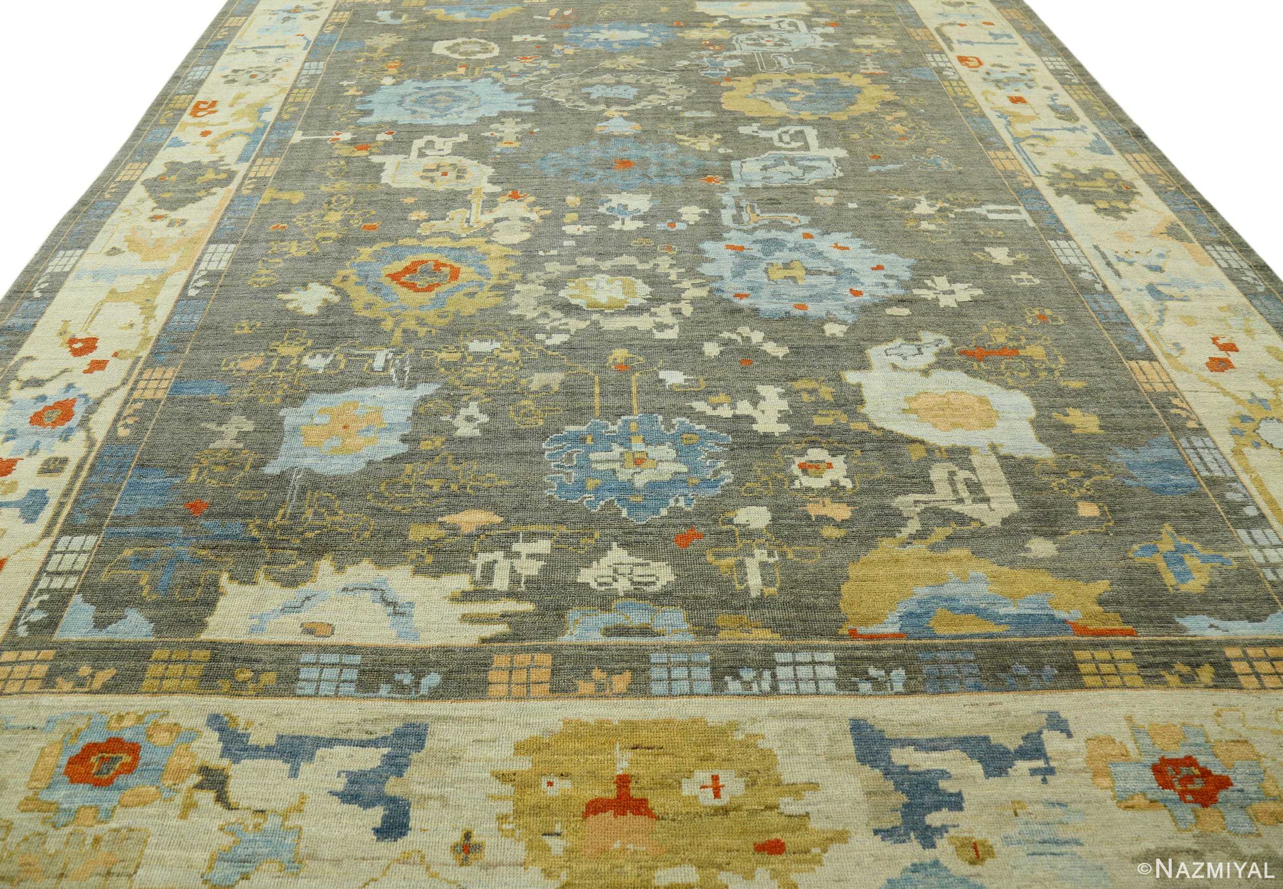 Whole View Of Floral Green Modern Turkish Oushak Rug 60505 by Nazmiyal NYC