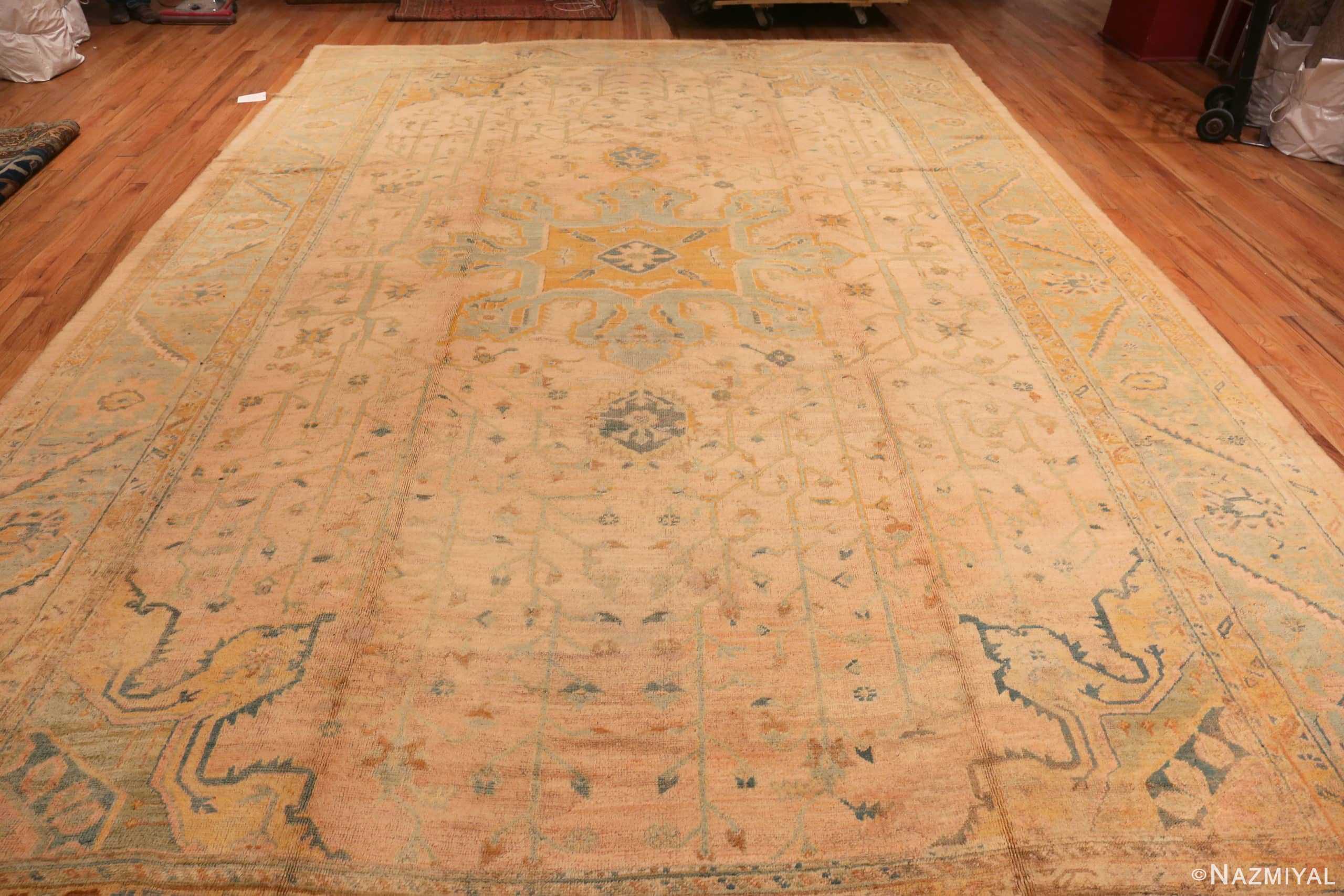 Whole View Of Large Soft Decorative Antique Turkish Oushak Rug 90040 by Nazmiyal NYC