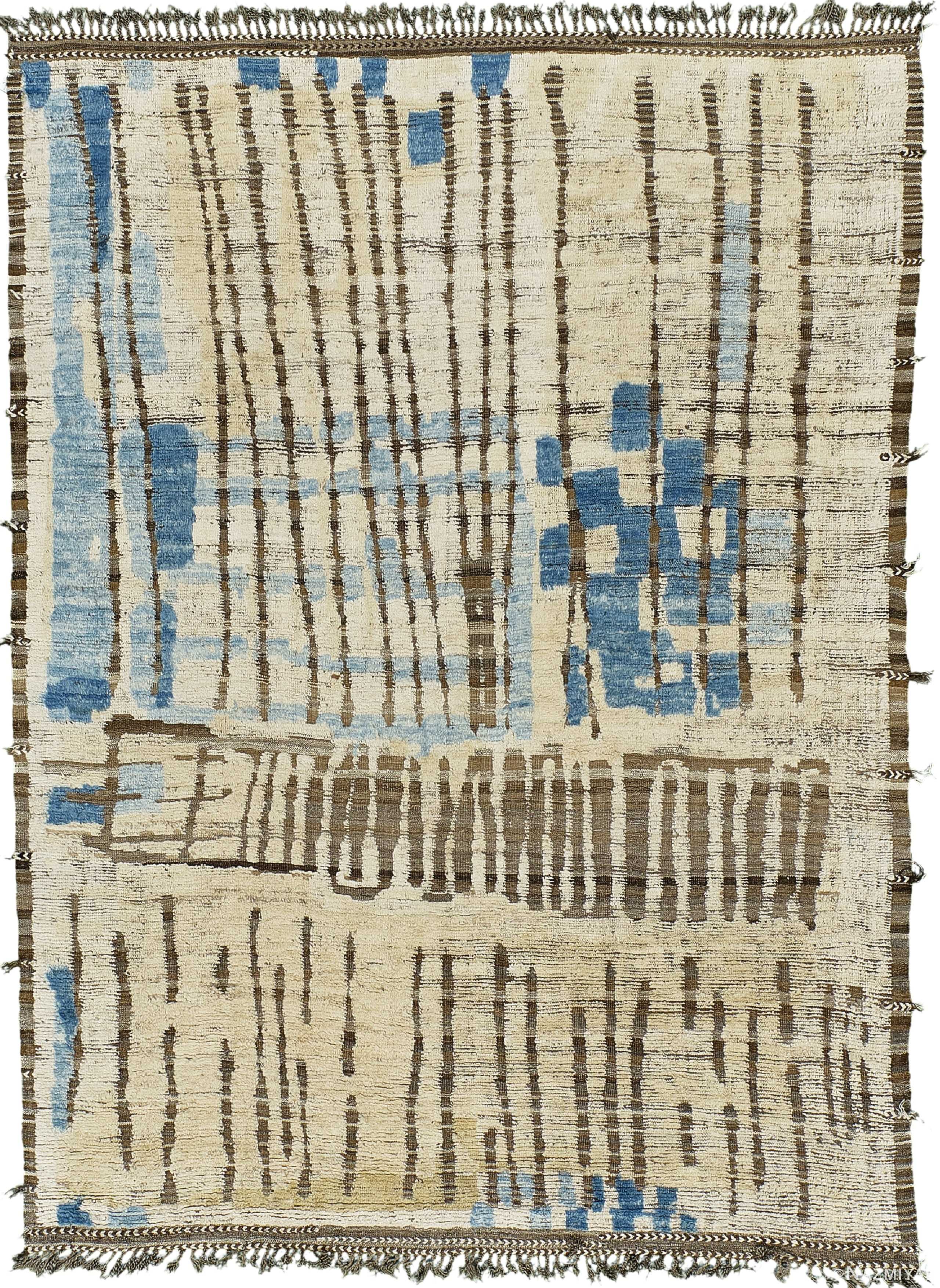 Ivory Blue Modern Distressed Rug 60708 by Nazmiyal Antique Rugs