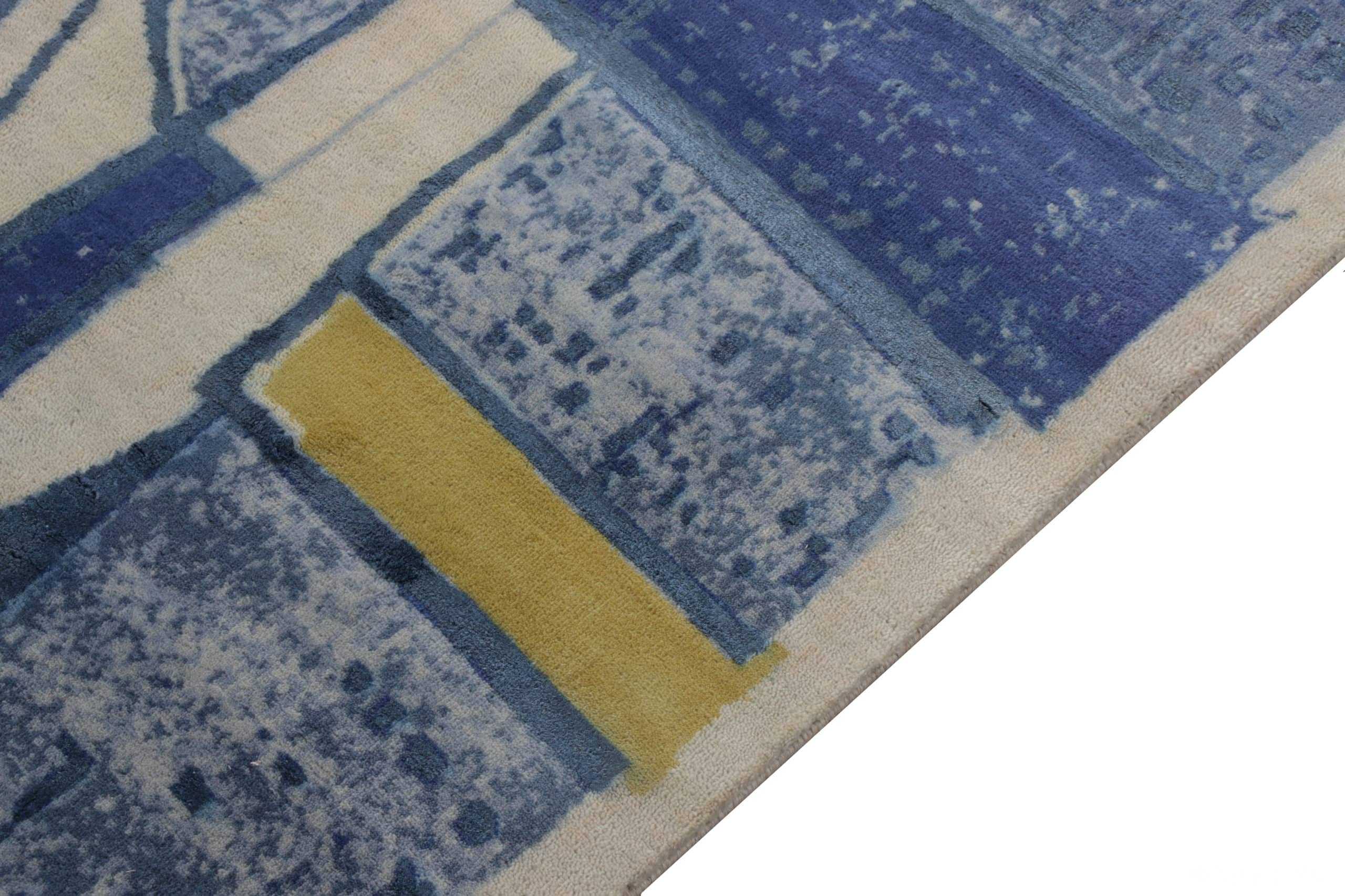 Border Of Blue Yellow Geometric Mid Century Modern Rug 60757 by Nazmiyal Antique Rugs