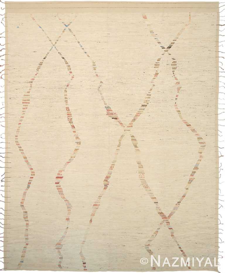 Cream Geometric Stripe Modern Distressed Rug 60793 by Nazmiyal Antique Rugs