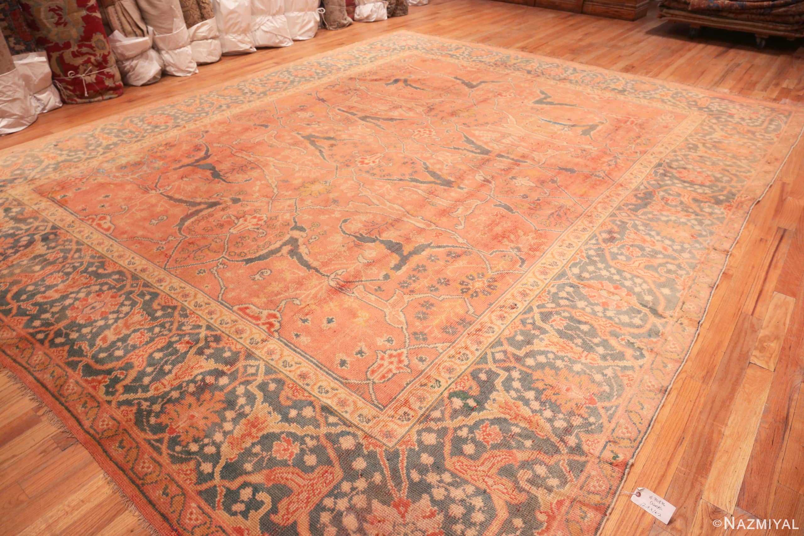 Whole View Of Large Coral Antique Turkish Oushak Area Rug 70876 by Nazmiyal Antique Rugs
