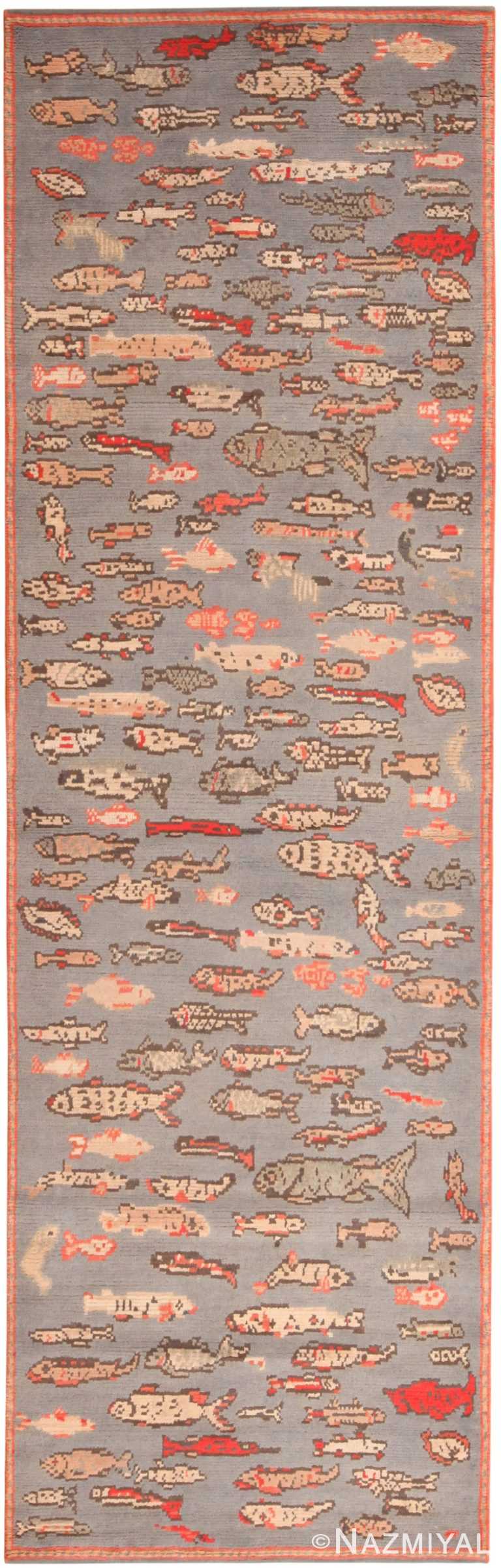 Modern Whimsical Fish Design Swedish Inspired Runner Rug 60910 by Nazmiyal Antique Rugs