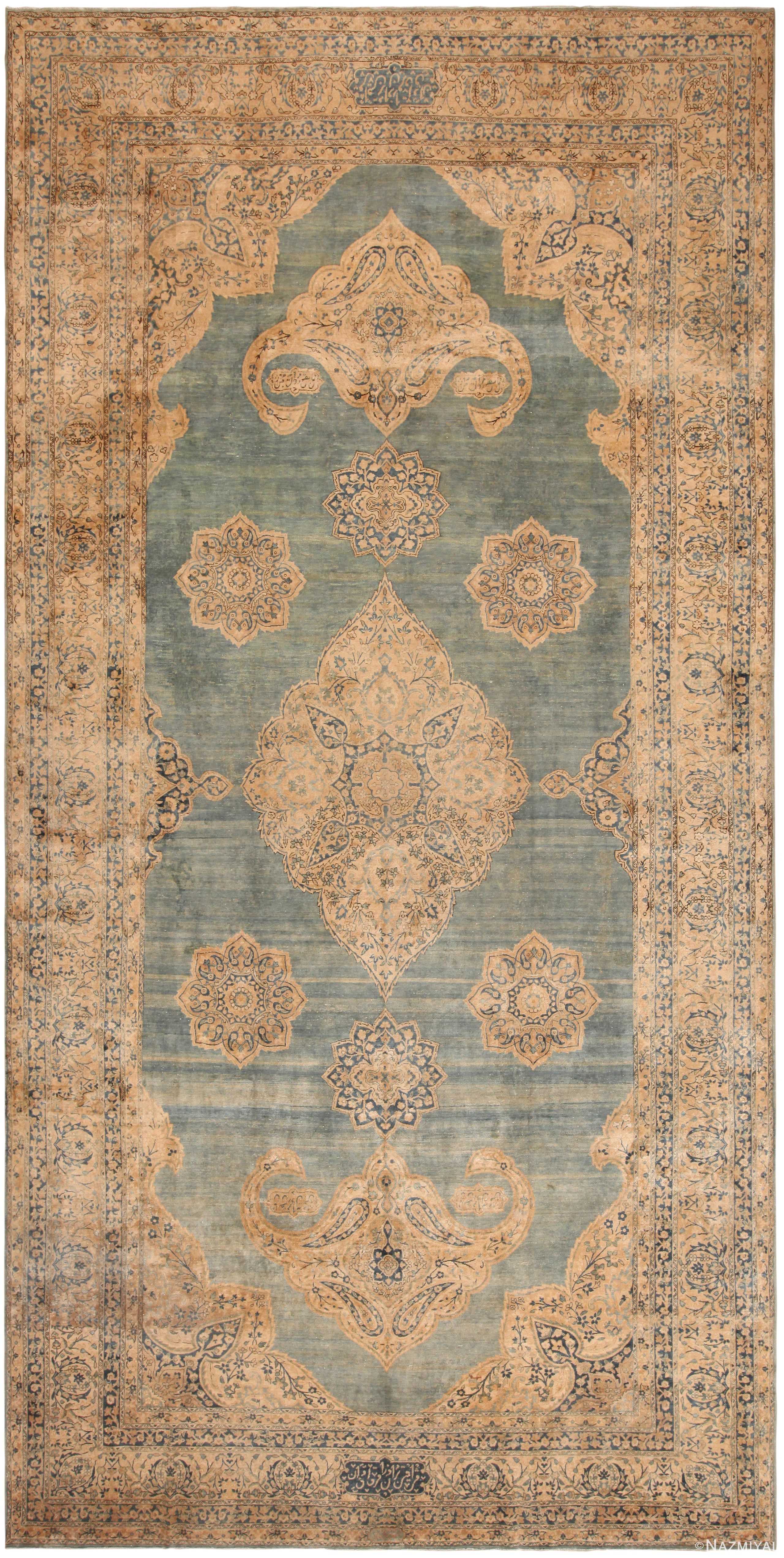Gallery Size Blue Background Antique Persian Kerman Rug 71336 by Nazmiyal Antique Rugs