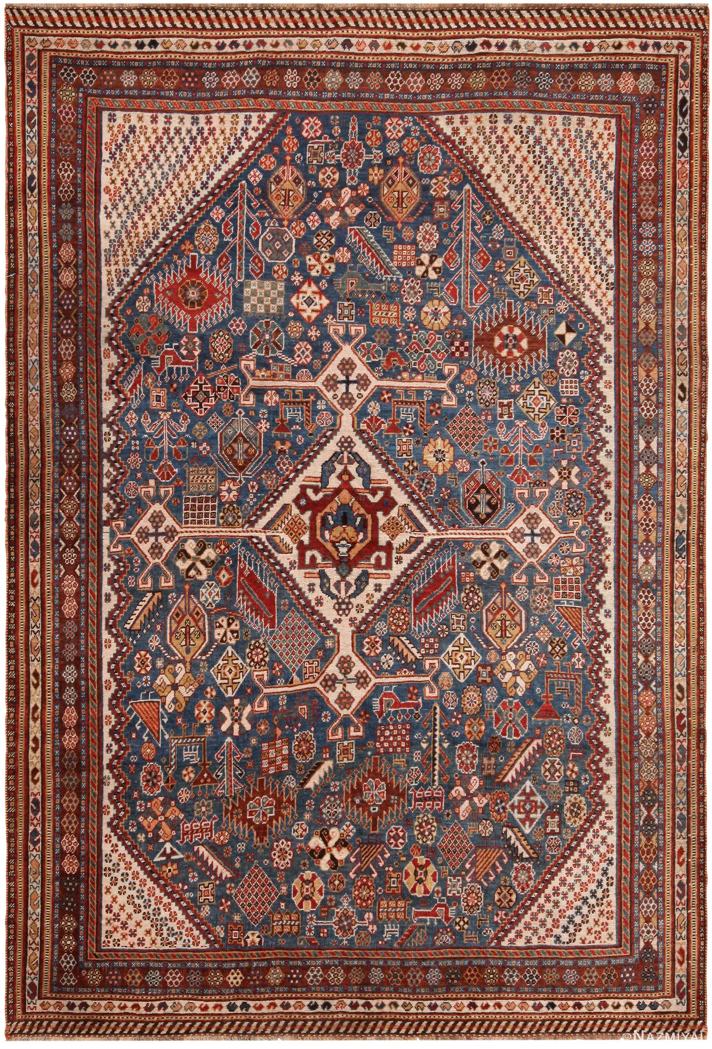 Blue Background Antique Persian Qashqai Rug 71457 by Nazmiyal Antique Rugs