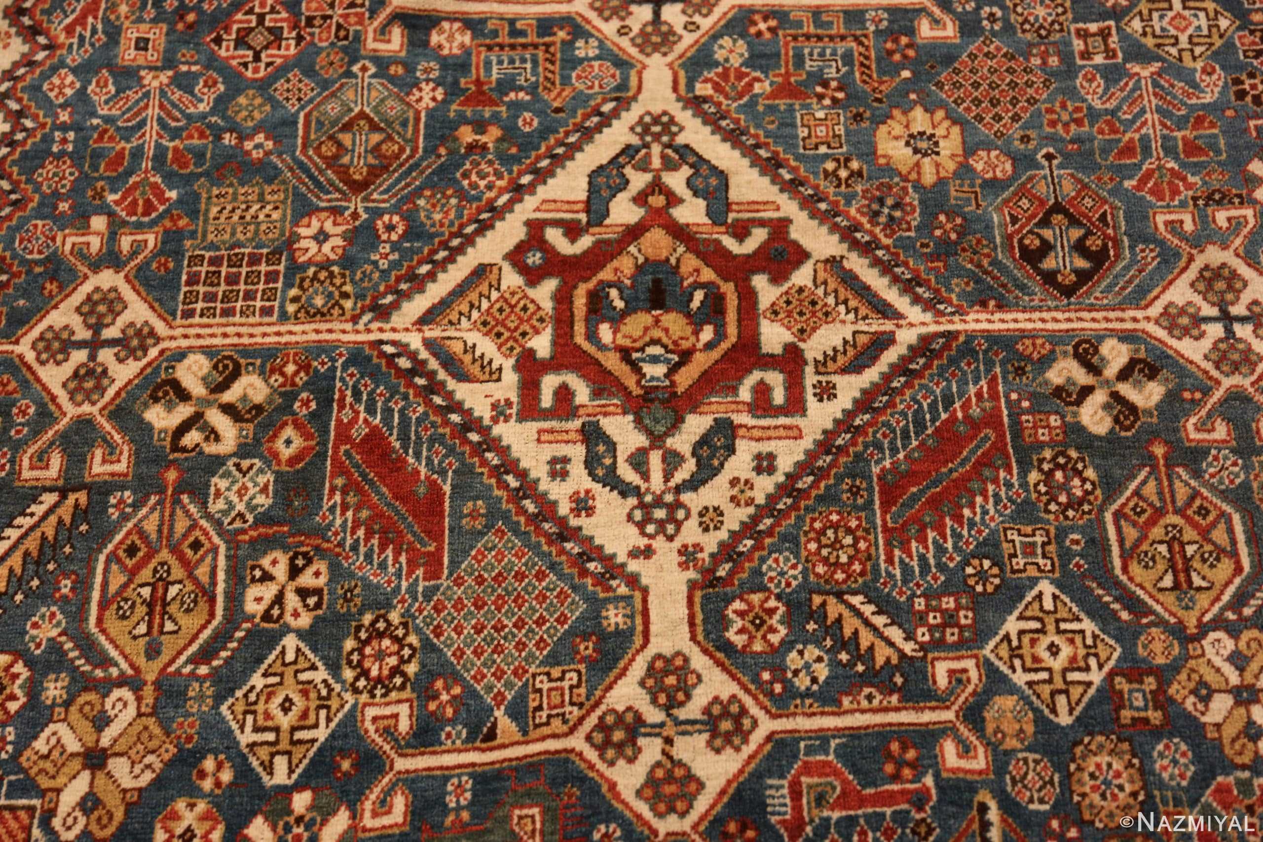 Details Of Blue Background Antique Persian Qashqai Rug 71457 by Nazmiyal Antique Rugs
