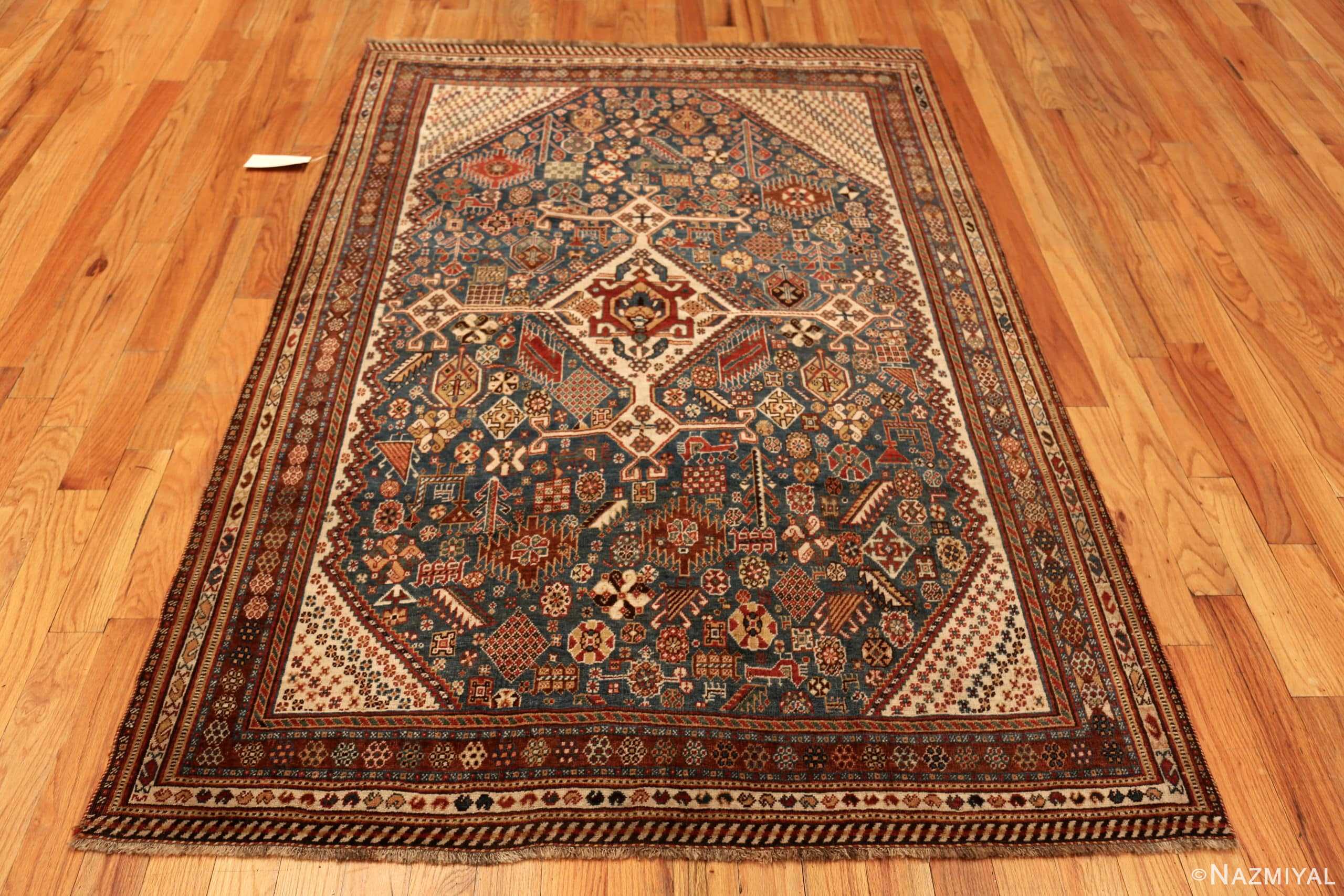 Whole View Of Blue Background Antique Persian Qashqai Rug 71457 by Nazmiyal Antique Rugs