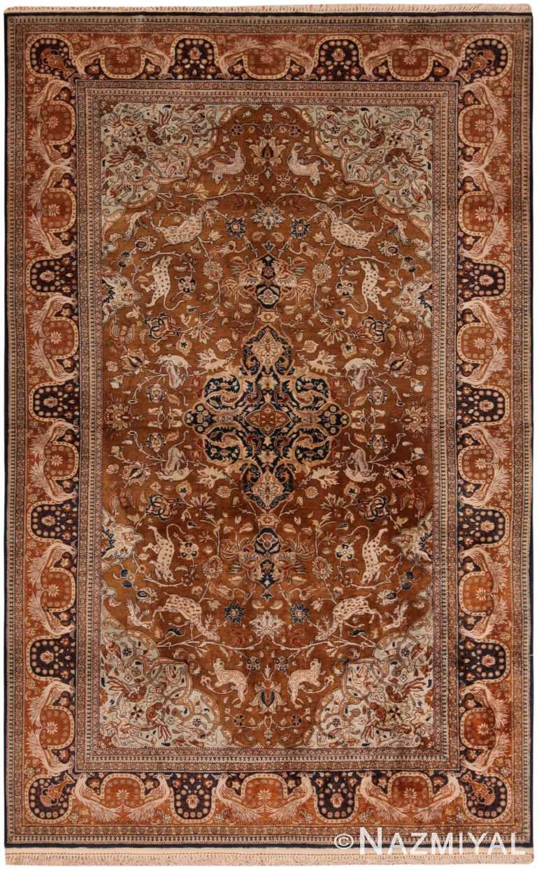 Animal Design Vintage Persian Silk Qum Rug 71522 by Nazmiyal Antique Rugs