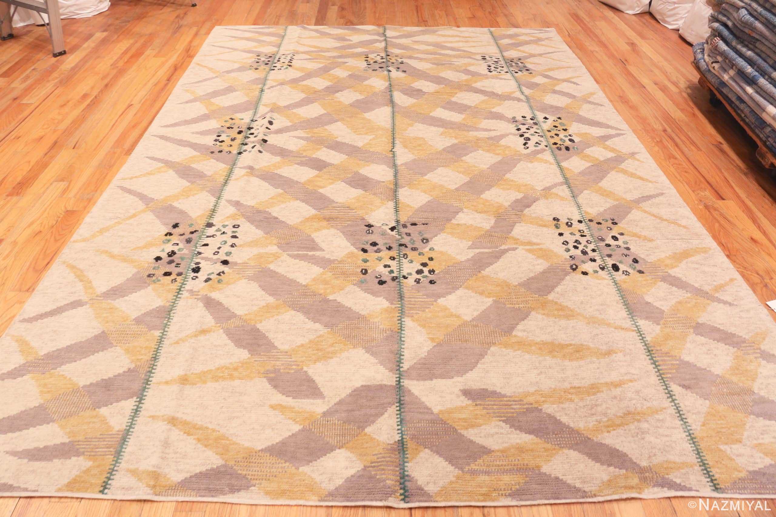 Details Of Beige Silk And Wool Modern Swedish Style Pile Area Rug 60900 by Nazmiyal Antique Rugs