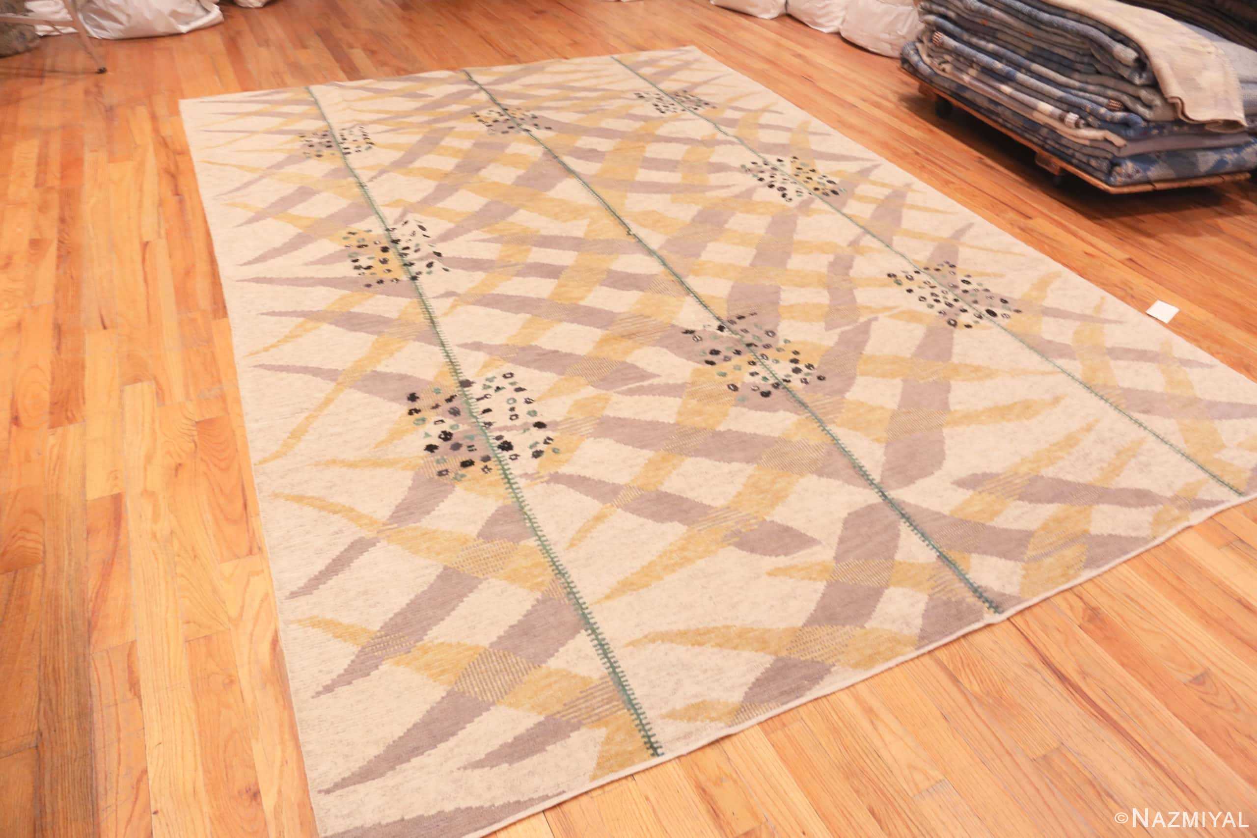 Side Of Beige Silk And Wool Modern Swedish Style Pile Area Rug 60900 by Nazmiyal Antique Rugs
