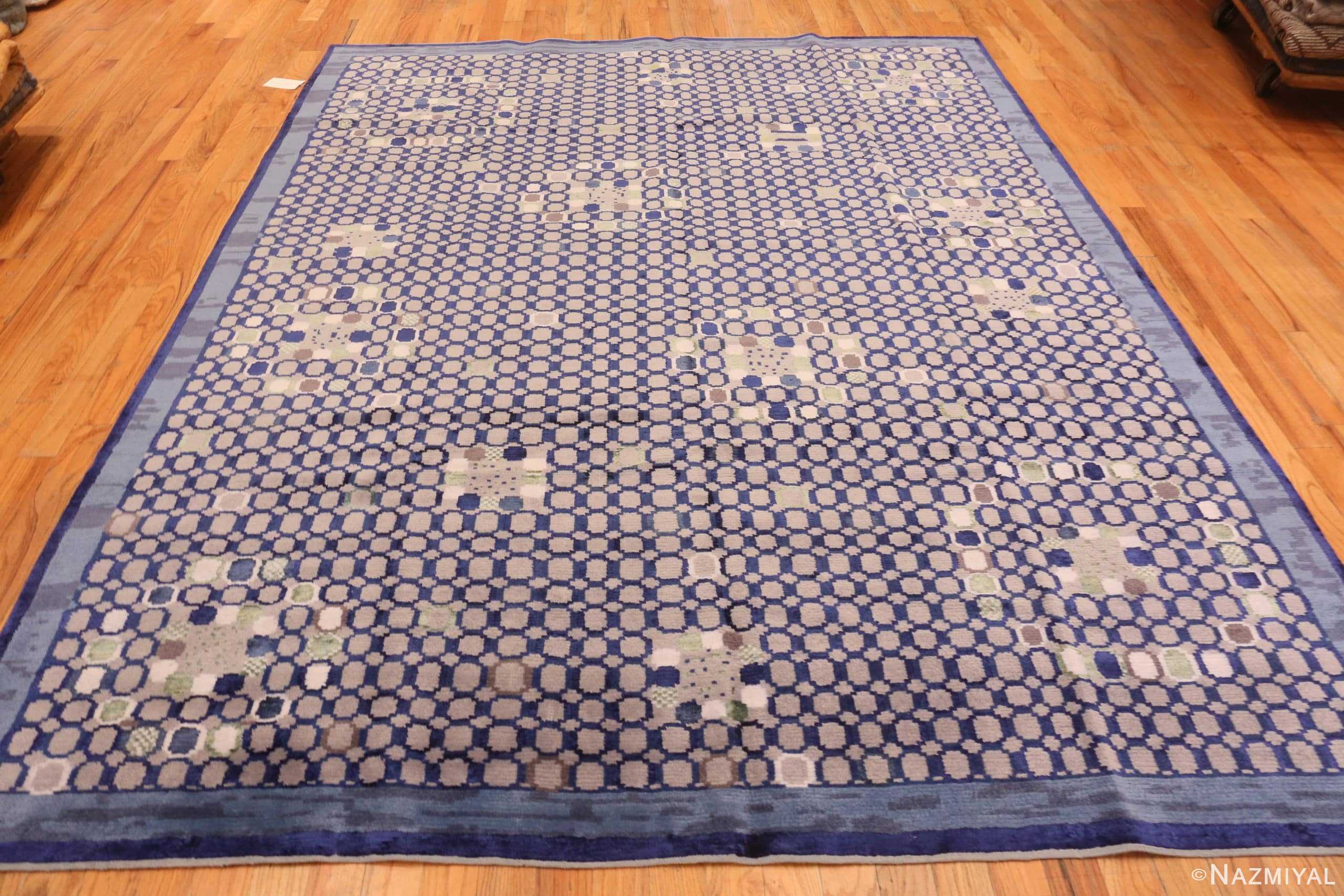Whole View Of Shiny Blue Silk And Wool Modern Swedish Style Geometric Rug 60903 by Nazmiyal Antique Rugs
