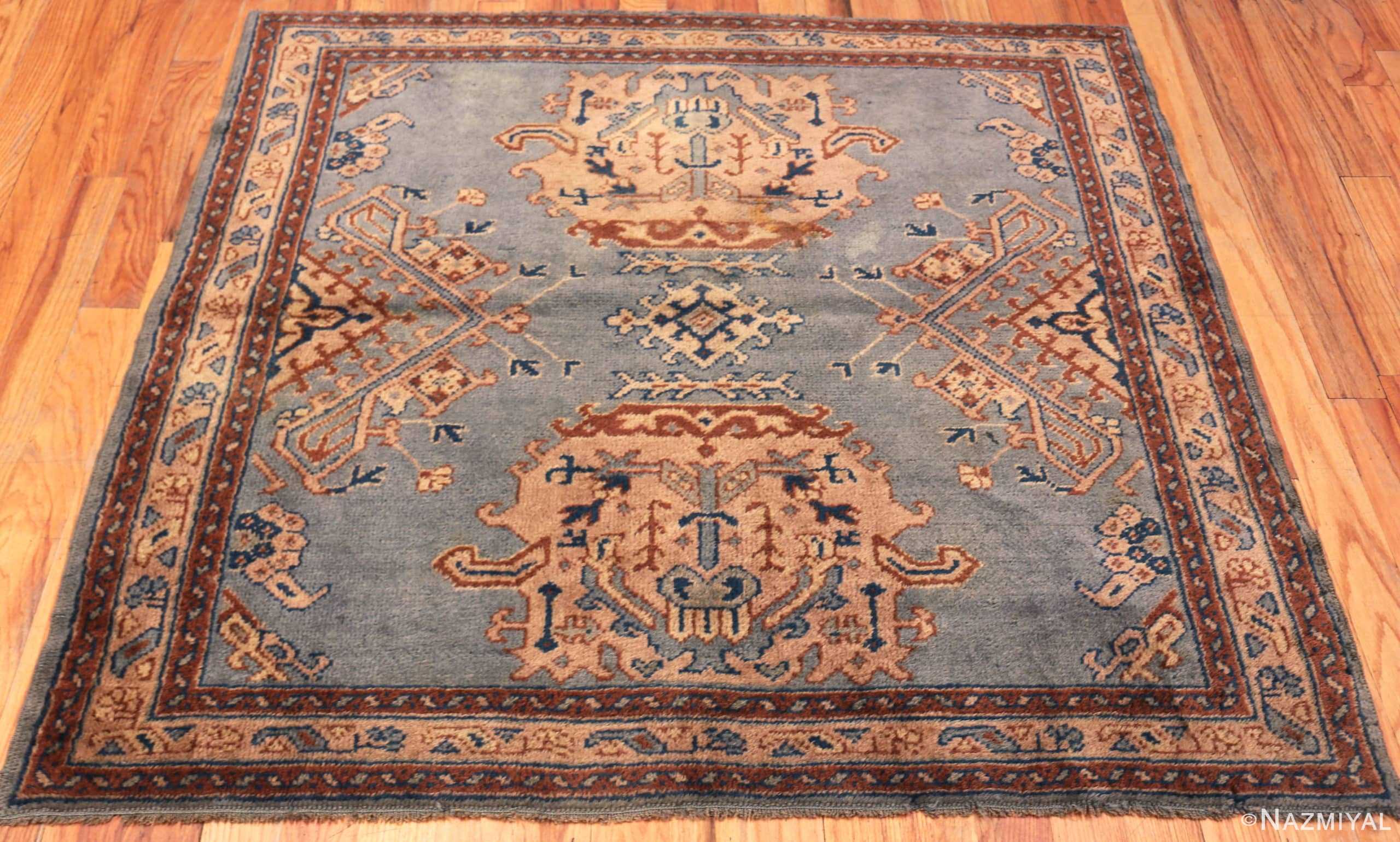 Whole View Of Blue Background Antique Turkish Oushak Square Rug 71641 by Nazmiyal Antique Rugs